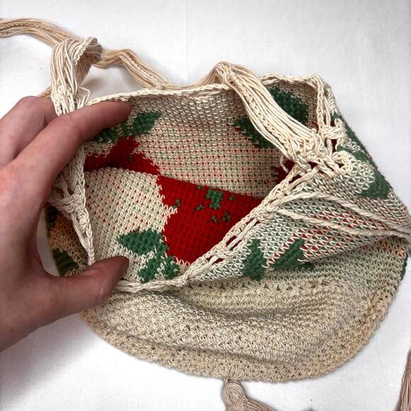 Antique 1920s Macrame Crochet Drawstring Purse Orange Flower Crossbody Tassels - Picture 8 of 16